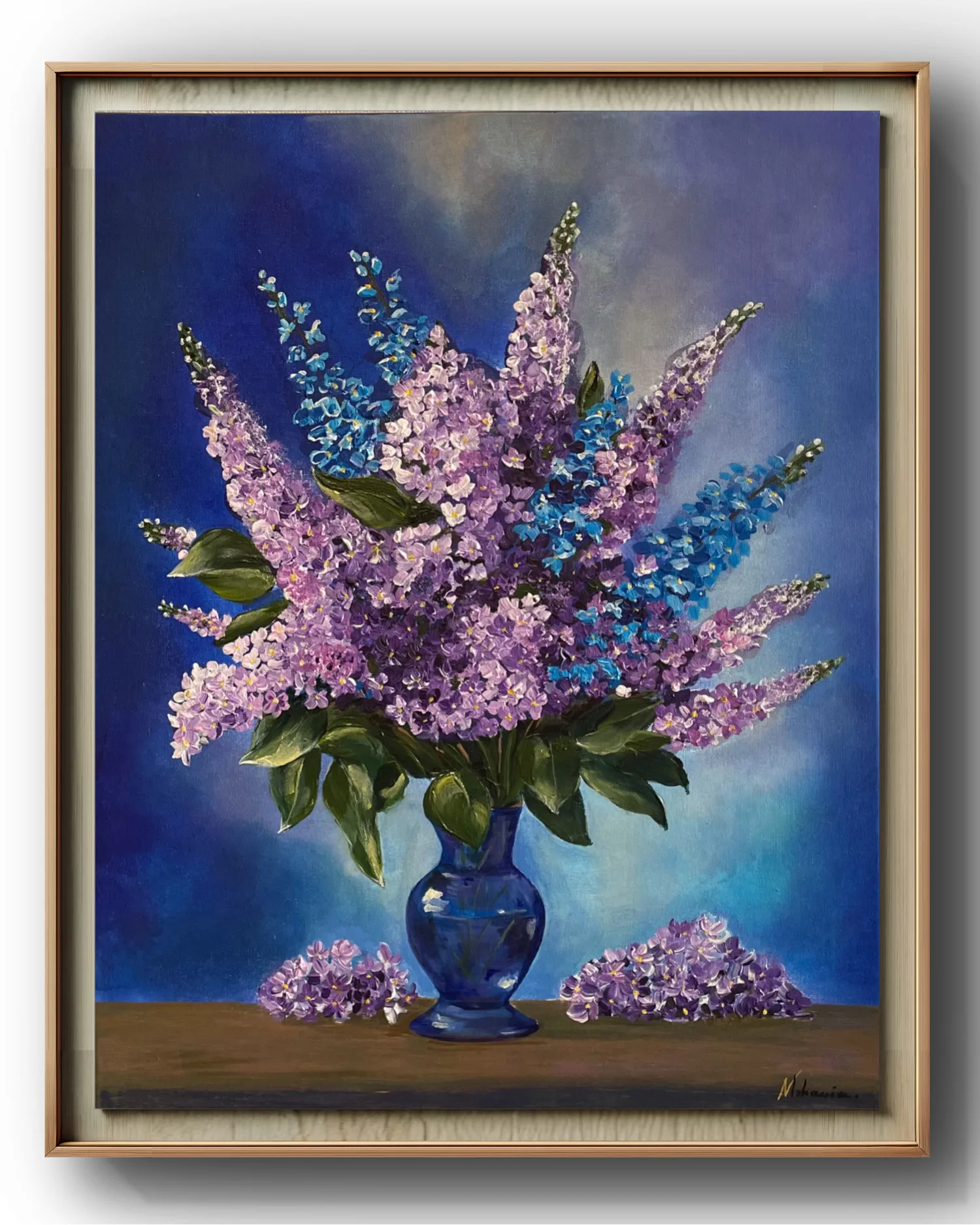 Lilac floral painting by Nini Mzhavia